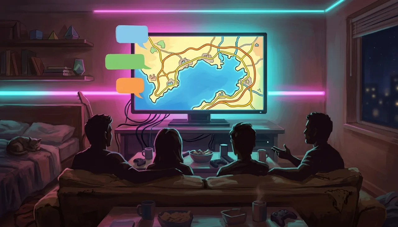 Friends on a couch debating a stylized fictional map on a big screen