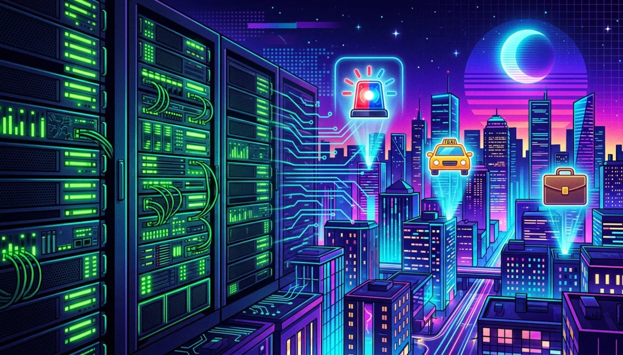 Server racks turning into a neon city skyline with roleplay icons